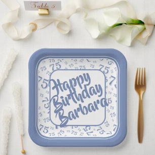 Assiettes En Carton 75e anniversaire Numéro de fête Motif Bleu Blanc