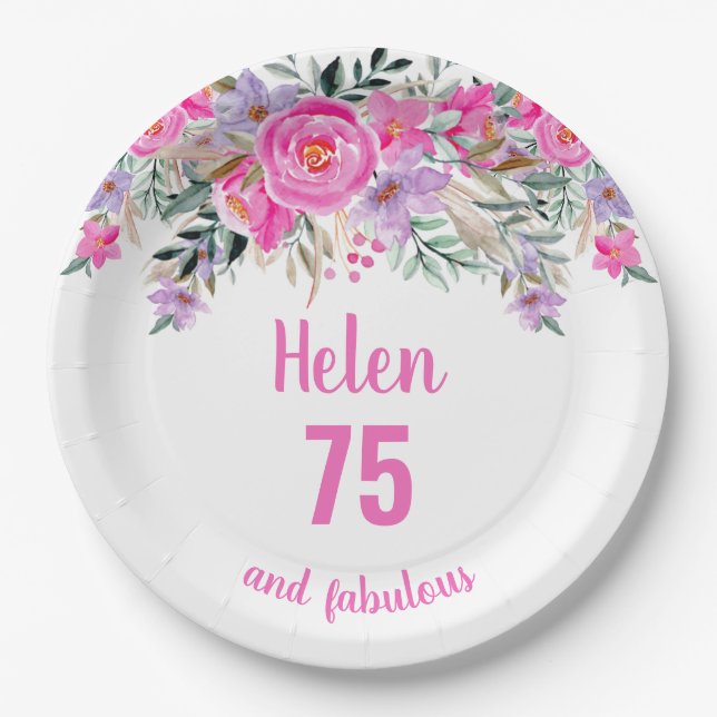 Assiettes En Carton 75e anniversaire rose aquarelle floral (Devant)