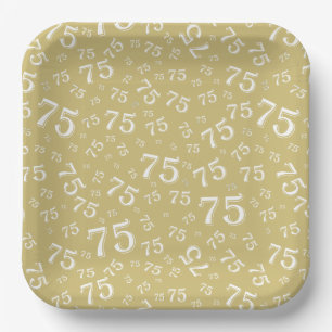 Assiettes En Carton 75e Motif de numéro aléatoire or/blanc