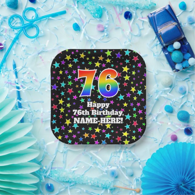Assiettes En Carton 76e anniversaire : Fun Stars Motif et Rainbow "76" (Fête)