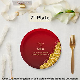 Assiettes En Carton 7" Noms et Fleurs Dorées sur Marron Rouge