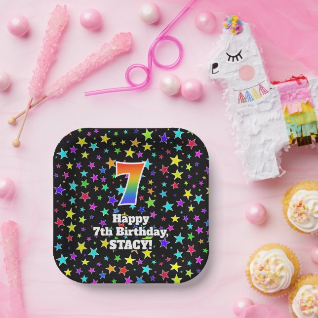 Assiettes En Carton 7e anniversaire : Fun Stars Motif et Rainbow "7" (Fête)