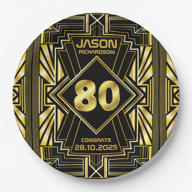 Assiettes En Carton 80e anniversaire Art Déco Gold Black Great Gatsby (Devant)