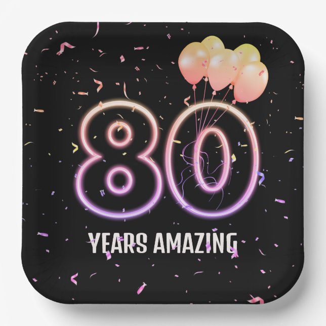 Assiettes En Carton 80e anniversaire Balloons et Confetti (Recto)