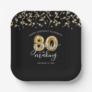 Assiettes En Carton 80e anniversaire Black Gold Script Streamers