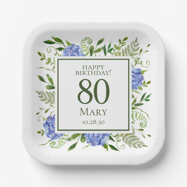 Assiettes En Carton 80e anniversaire Blue Hydrangeas (Recto)