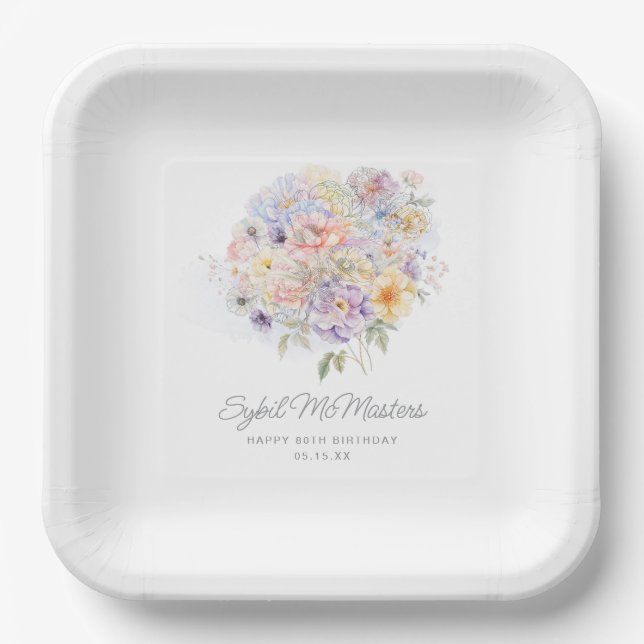 Assiettes En Carton 80e anniversaire de fête aquarelle Floral Custom (Recto)