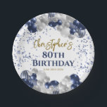 Assiettes En Carton 80e anniversaire de la fête des ballons de marine<br><div class="desc">Une magnifique fête du 80e anniversaire ou plaque de papier de célébration. Ce fabuleux design bleu marine et ballons d'argent est la vaisselle parfaite pour décorer votre table pour une 80ème célébration ou une quatre-vingtième fête.</div>