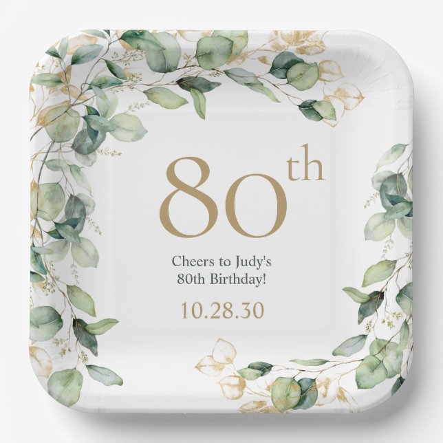 Assiettes En Carton 80e anniversaire Eucalyptus (Recto)
