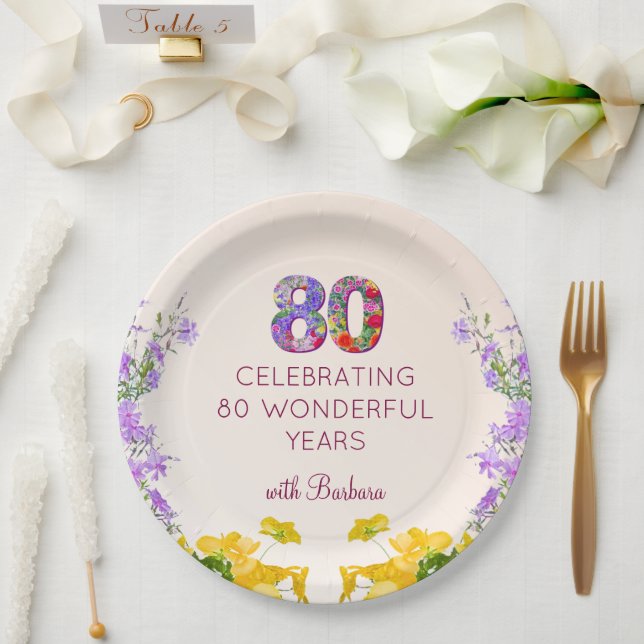 Assiettes En Carton 80e anniversaire floral moderne 80 ans fête élégan (Mariage)
