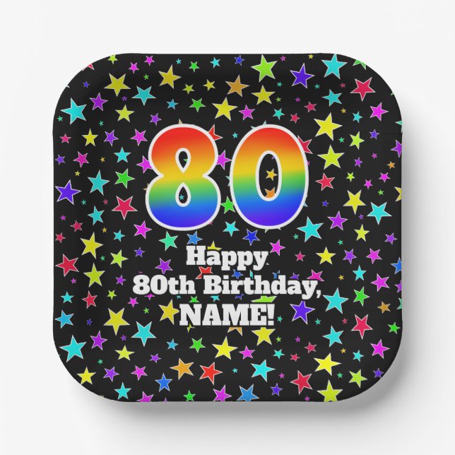 Assiettes En Carton 80e anniversaire : Fun Stars Motif et Rainbow "80" (Recto)