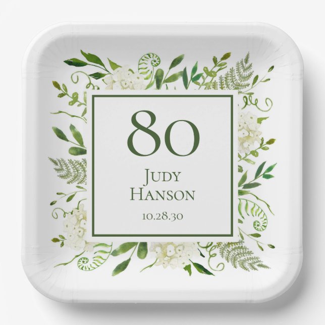 Assiettes En Carton 80e anniversaire Hydrangée blanche (Recto)