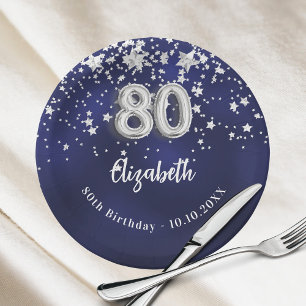 Assiettes En Carton 80e anniversaire marine bleu argent étoiles