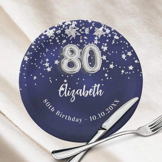 Assiettes En Carton 80e anniversaire marine bleu argent étoiles (Créateur téléchargé)
