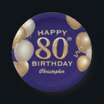 Assiettes En Carton 80e Anniversaire Marine Bleu et Ballons d'or<br><div class="desc">80e anniversaire de la fête Marine Bleu et Or Ballons et Plaques en papier Confetti. Pour plus de personnalisation,  cliquez sur le bouton "Customiser" et utilisez notre outil de conception pour modifier ce modèle.</div>