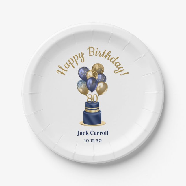 Assiettes En Carton 80e anniversaire Marine Blue Balloon Cake (Devant)