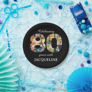 Assiettes En Carton 80e anniversaire Modèle photo Invitation Noir