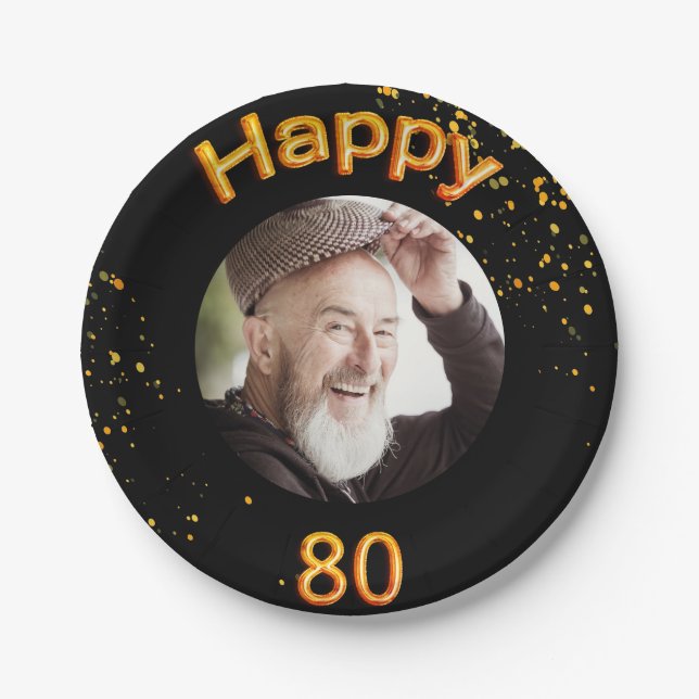 Assiettes En Carton 80e anniversaire photo ballons d'or noir (Devant)