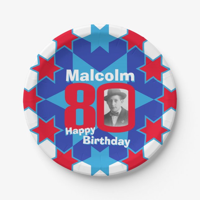 Assiettes En Carton 80e anniversaire photo nom étoile bleue plaque pap (Devant)