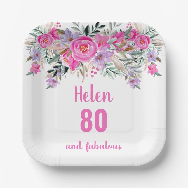 Assiettes En Carton 80e anniversaire rose aquarelle floral (Recto)
