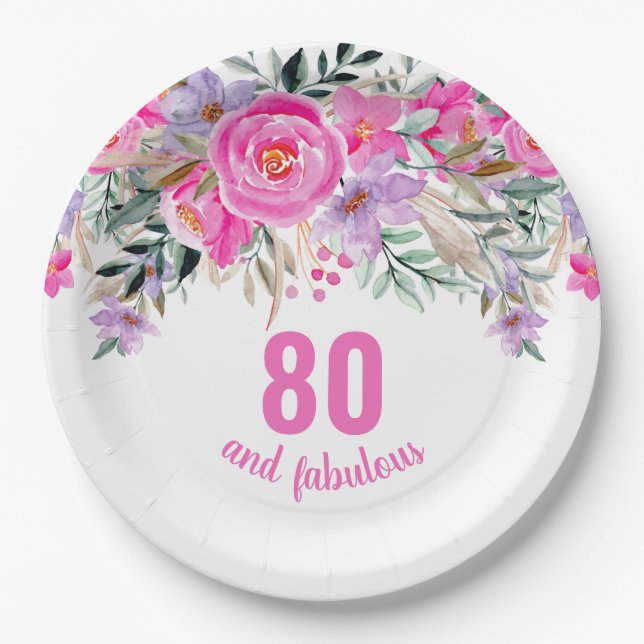 Assiettes En Carton 80e anniversaire rose floral (Devant)
