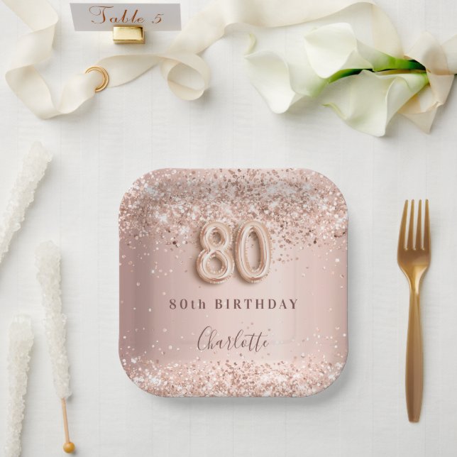 Assiettes En Carton 80e anniversaire rose or blush rose nom (Mariage)