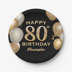 Assiettes En Carton 80e fête d'anniversaire Ballons noirs et or