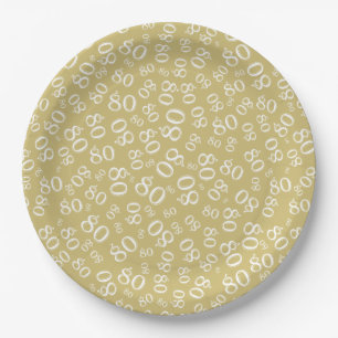 Assiettes En Carton 80e Motif de numéro aléatoire or/blanc