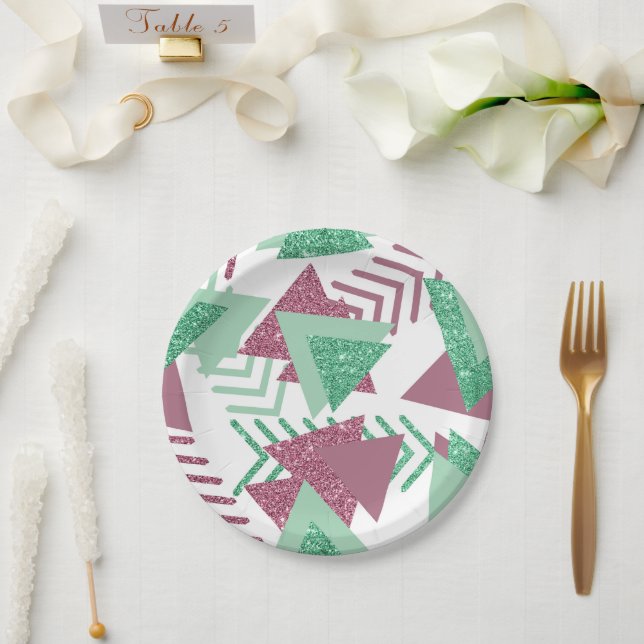 Assiettes En Carton 80s Abstraits frais | Motif de formes rose et vert (Mariage)