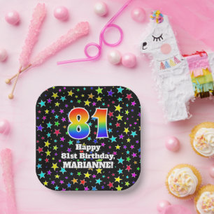 Assiettes En Carton 81e anniversaire : Fun Stars Motif et Rainbow "81"