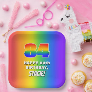 Assiettes En Carton 84e Anniversaire : motif arc-en-ciel coloré et amu