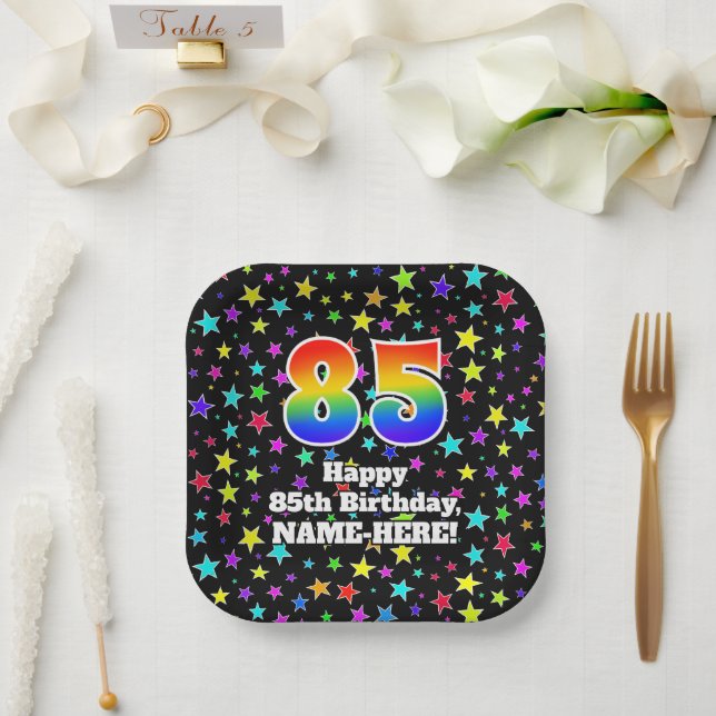 Assiettes En Carton 85e anniversaire : Fun Stars Motif et Rainbow "85" (Mariage)