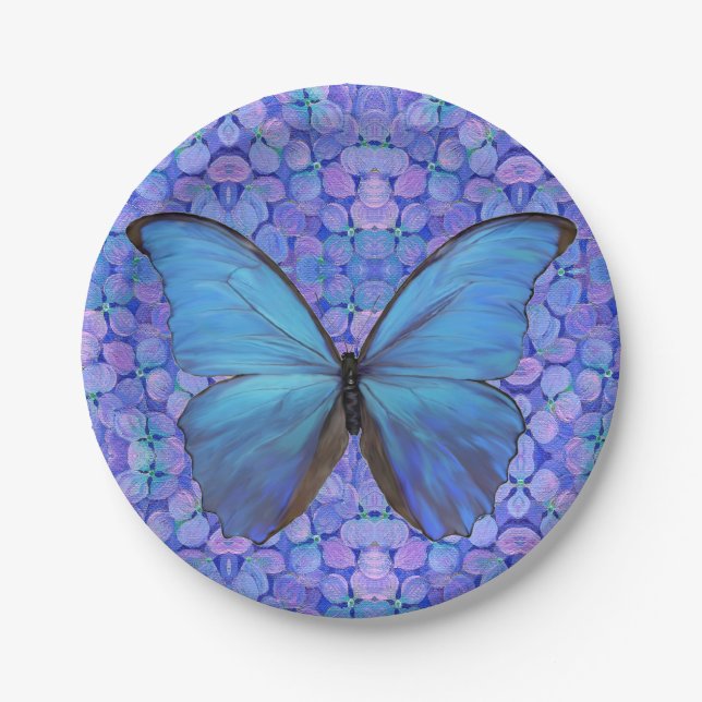 Assiettes En Carton 8 Plaques de papier Papillon bleu/Hydrangée (Devant)