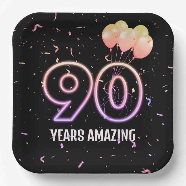 Assiettes En Carton 90e anniversaire Balloons et Confetti (Recto)