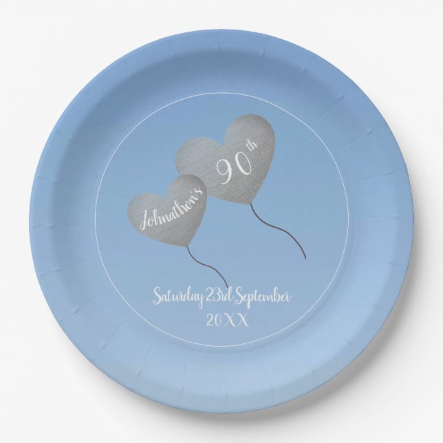 Assiettes En Carton 90e anniversaire bleu ciel & argent ballon (Devant)