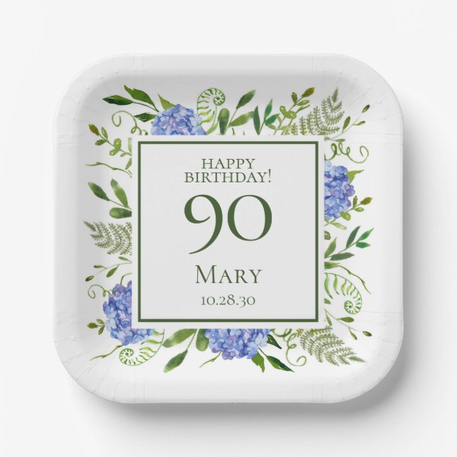 Assiettes En Carton 90e anniversaire Blue Hydrangeas (Recto)
