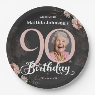 Assiettes En Carton 90e anniversaire Floral rose gris photo personnali