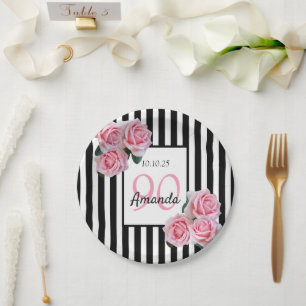 Assiettes En Carton 90e anniversaire florale rose noir rayures blanche