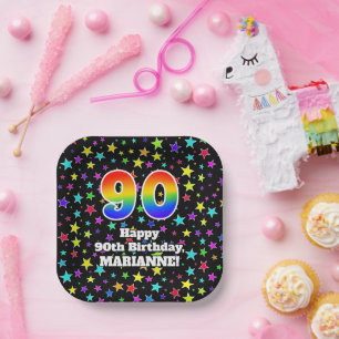 Assiettes En Carton 90e anniversaire : Fun Stars Motif et Rainbow "90"