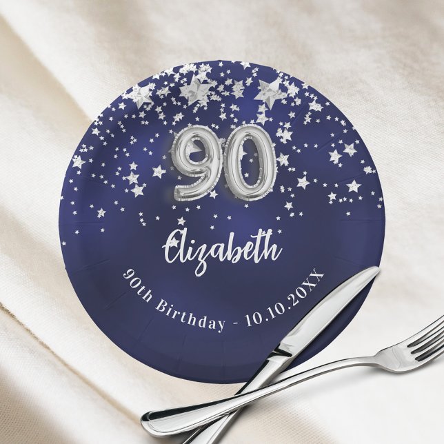 Assiettes En Carton 90e anniversaire marine bleu argent étoiles (Créateur téléchargé)