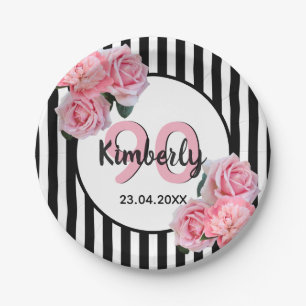 Assiettes En Carton 90e anniversaire noir rayures rose florale classiq