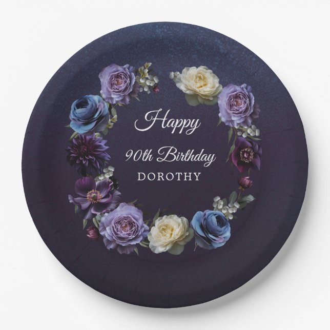Assiettes En Carton 90e anniversaire personnalisé Moody Purple Flower (Devant)