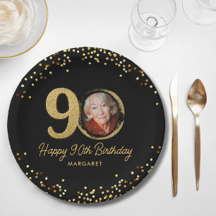 Assiettes En Carton 90e anniversaire Photo Elegant Black Gold Parties