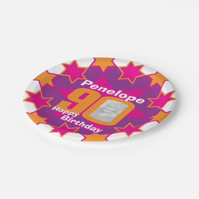 Assiettes En Carton 90e anniversaire photo nom rose étoile plaque papi (Angle)