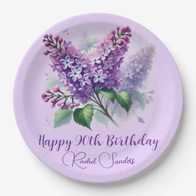 Assiettes En Carton 90e anniversaire Purple Lilac Fleurs Printemps (Devant)