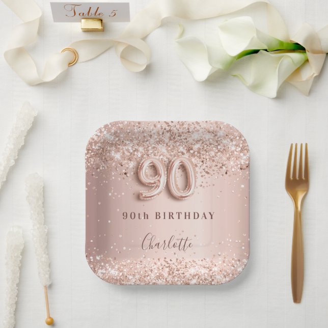 Assiettes En Carton 90e anniversaire rose or blush nom de parties scin (Mariage)