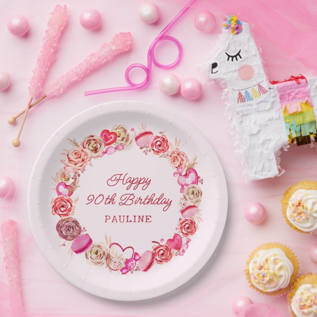 Assiettes En Carton 90e anniversaire Roses roses Tourbillonnant Coeur (Fête)