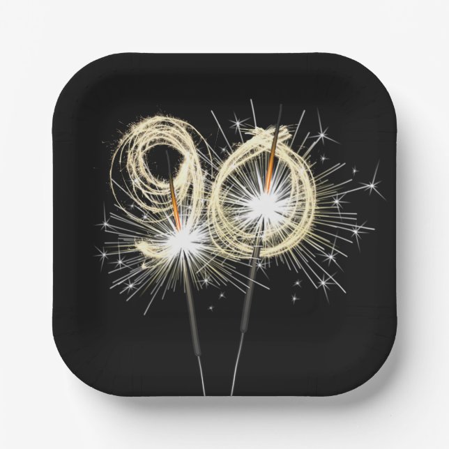 Assiettes En Carton 90e anniversaire Sparklers de fête sur noir (Recto)