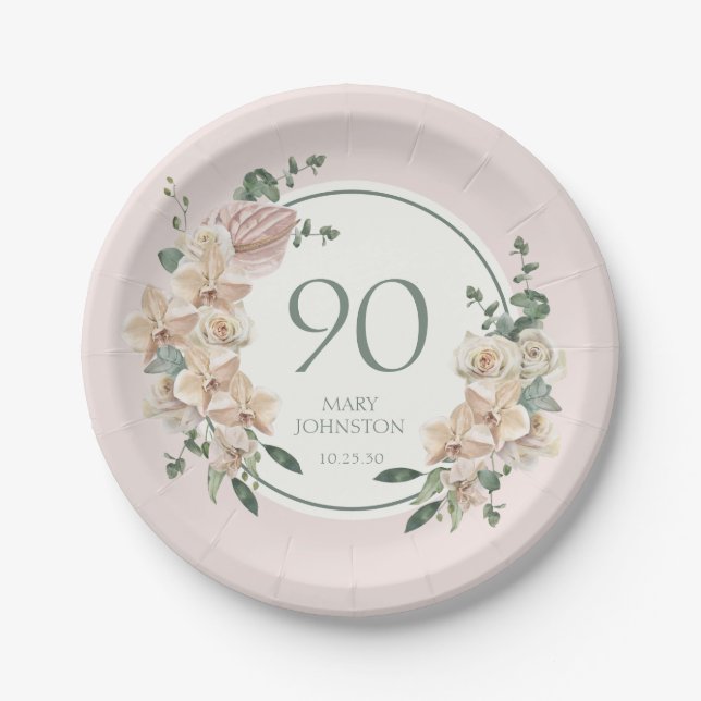 Assiettes En Carton 90e anniversaire Tropical Floral (Devant)