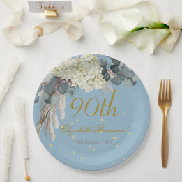 Assiettes En Carton 90ème Floral Blue Gold Elegant Photo Anniversaire